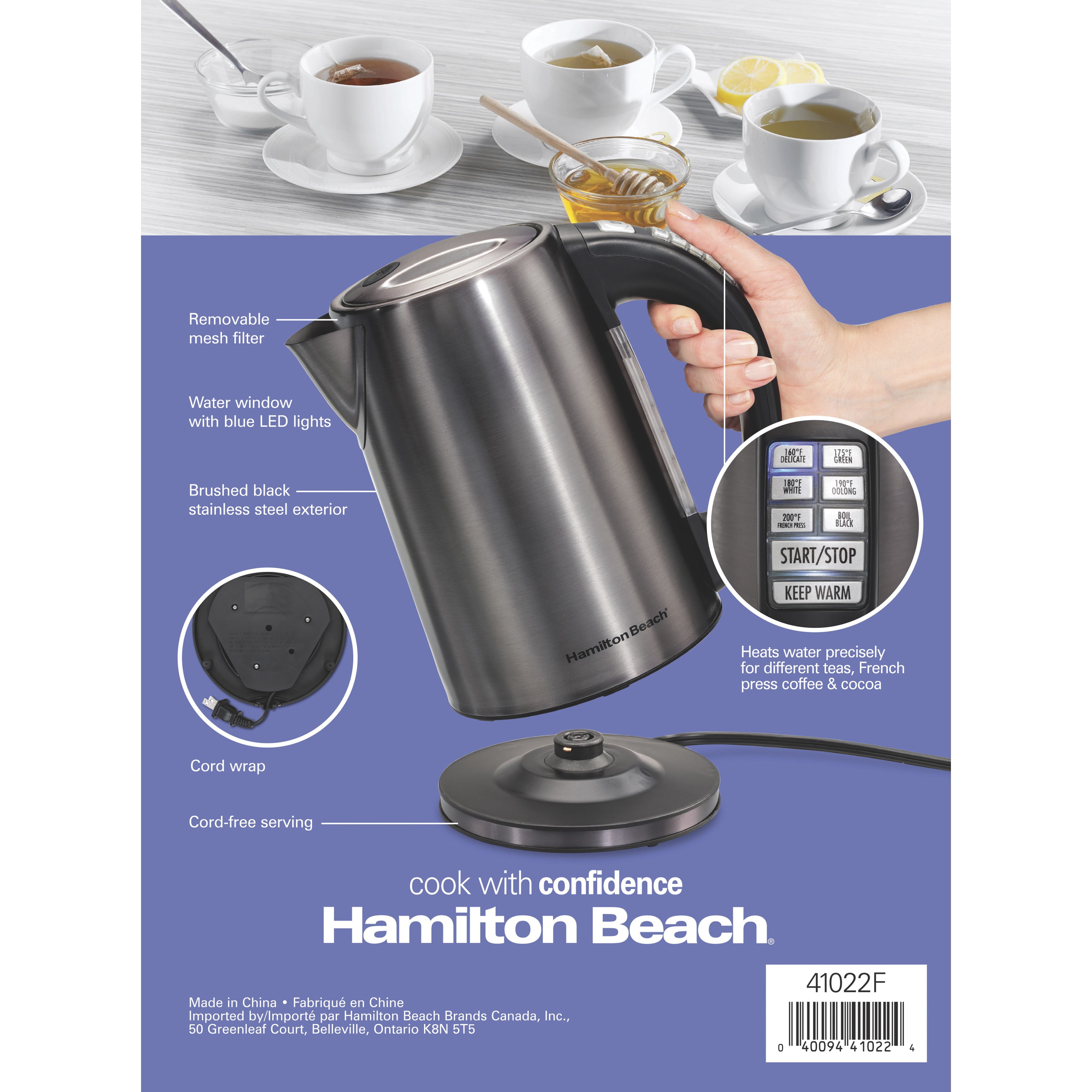 Hamilton Beach 1.7 Liter Variable Temperature Electric Kettle Model 41022, Brushed Black Stainless Steel
