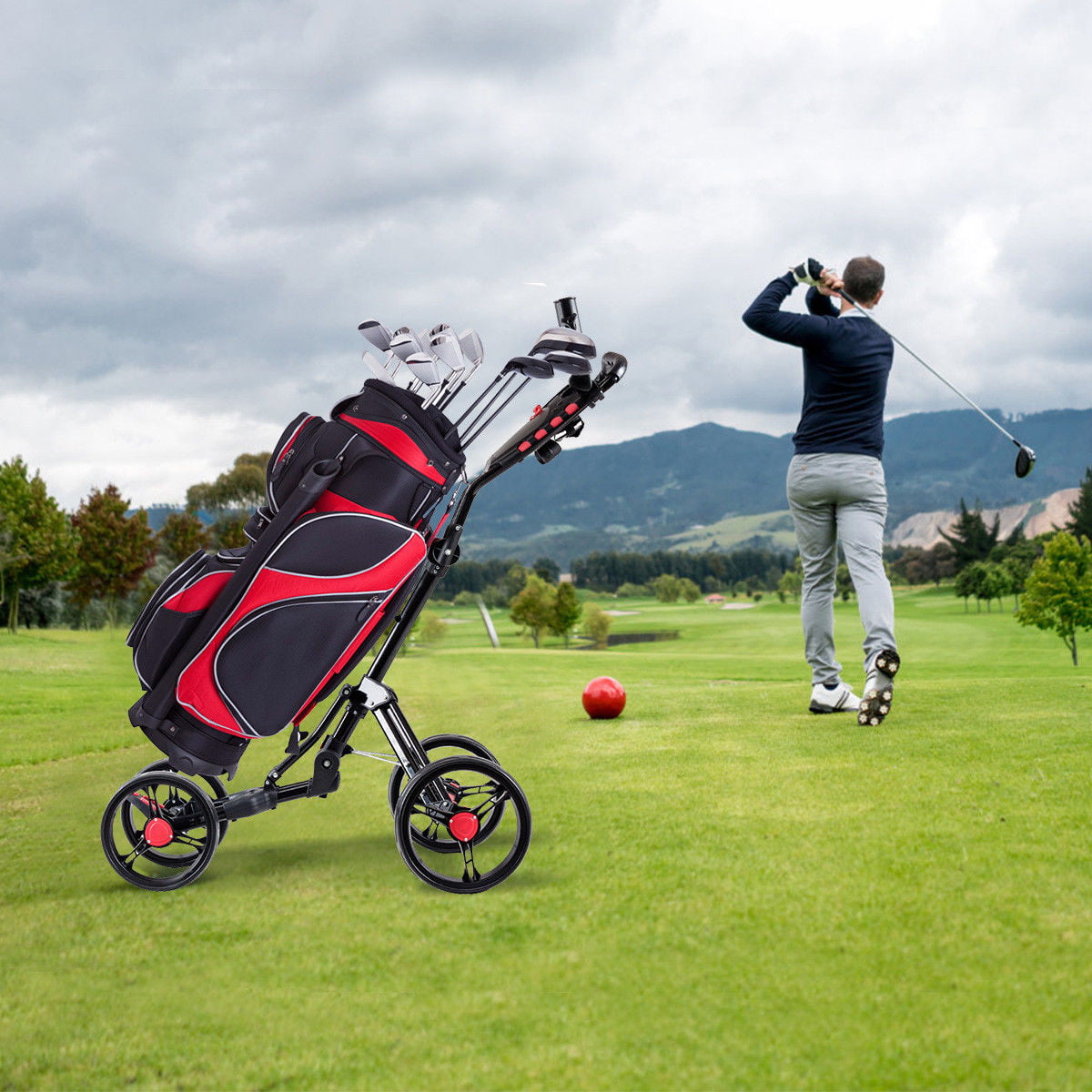 Costway Folding 4 Wheel Golf Pull Push Cart Trolley Club Umbrella Scorecard Drink Holder