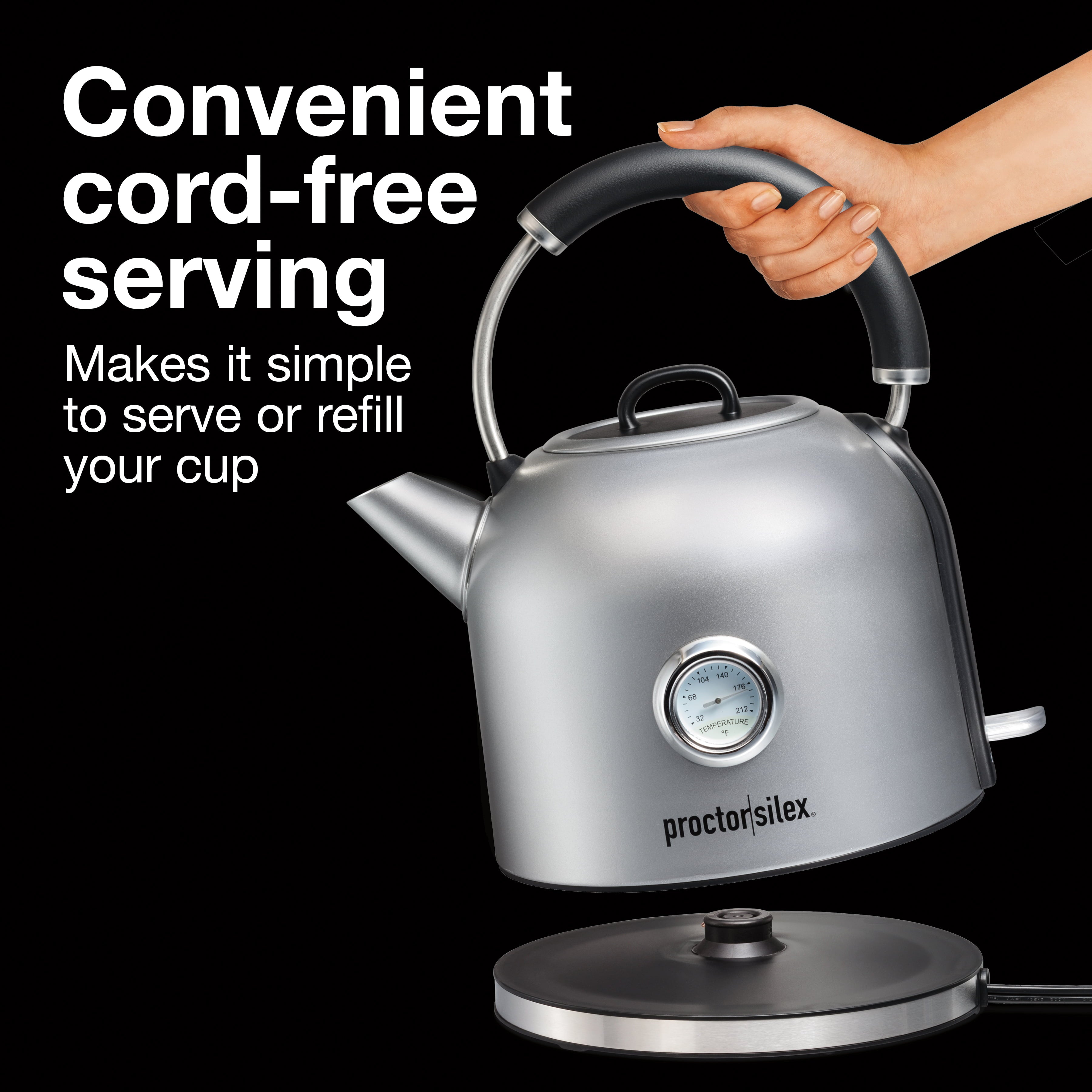Proctor Silex Electric Dome Kettle, 1.7 Liter Capacity, Temperature Gauge, Stainless Steel, 41035