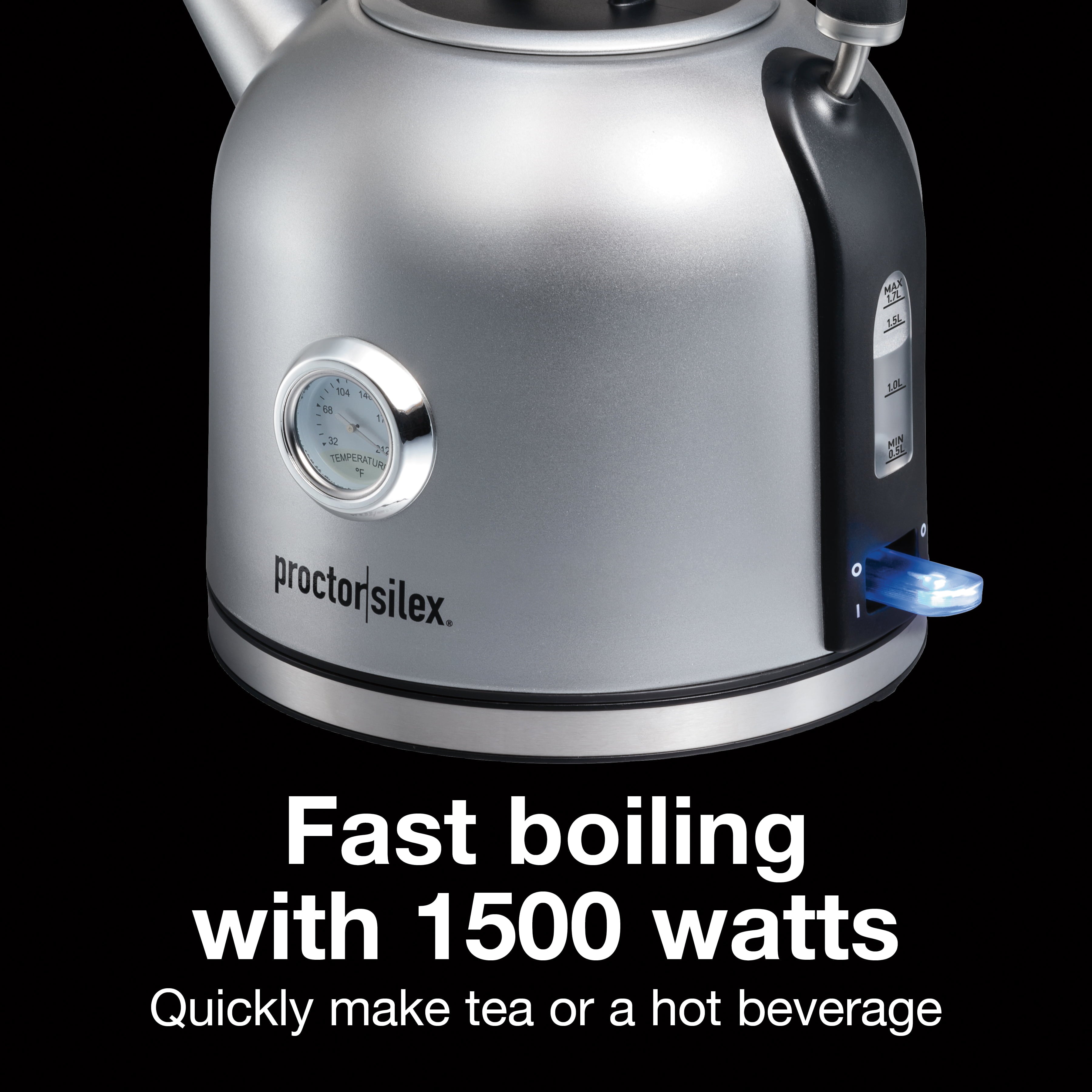 Proctor Silex Electric Dome Kettle, 1.7 Liter Capacity, Temperature Gauge, Stainless Steel, 41035