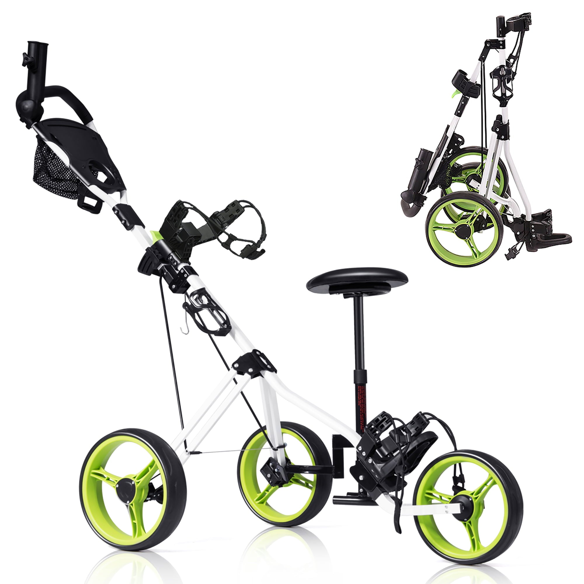 Costway Foldable 3 Wheel Push Pull Golf Club Cart Trolley w/Seat Scoreboard Bag Swivel